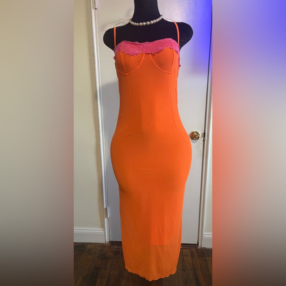 Orange Slip Dress with Pink Lace Trim